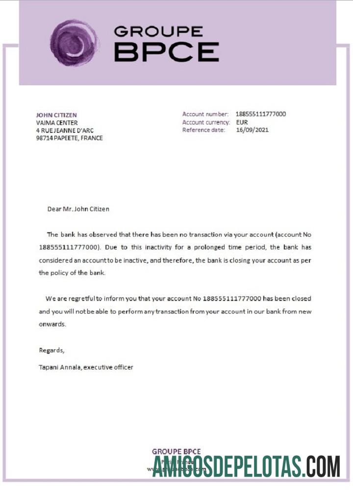 Referência de fechamento do France Groupe BPCE modelo